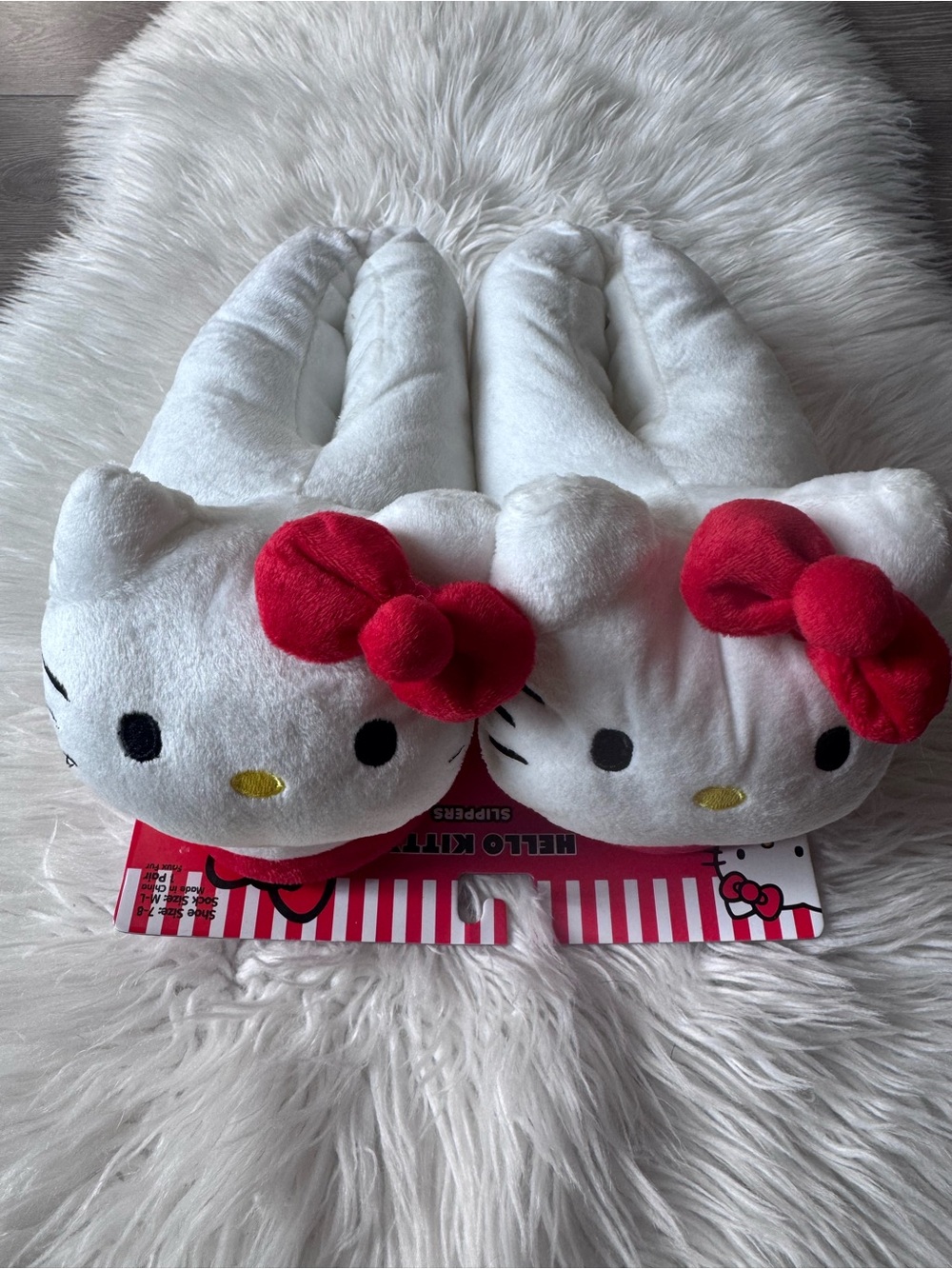 Hello Kitty White & Red Plush Slippers